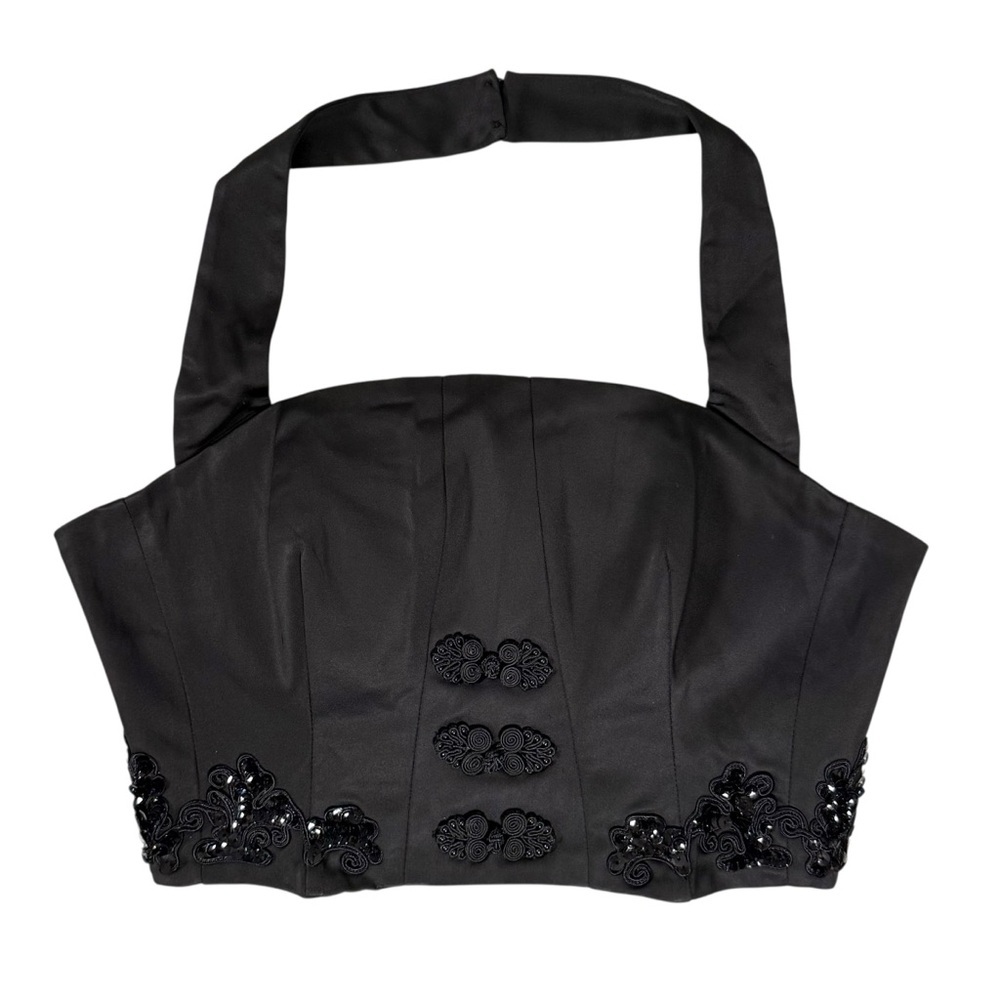 Bebe Size 6 Black Satin Sequin Appliqué Halter Crop Corset Tank Top